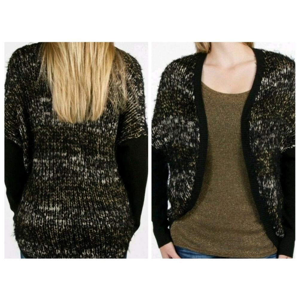 BKE Boutique Fuzzy Gold Black White Ribbon Stich Cocoon Open Duster Sweater M